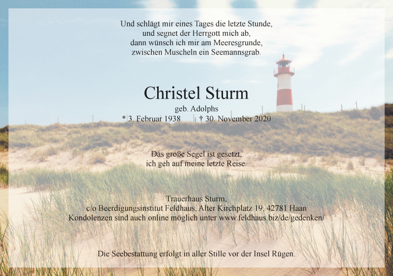  Traueranzeige für Christel Sturm vom 19.12.2020 aus Rheinische Post