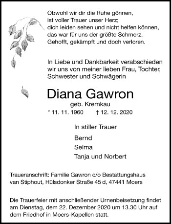 Traueranzeige von Diana Gawron von Rheinische Post