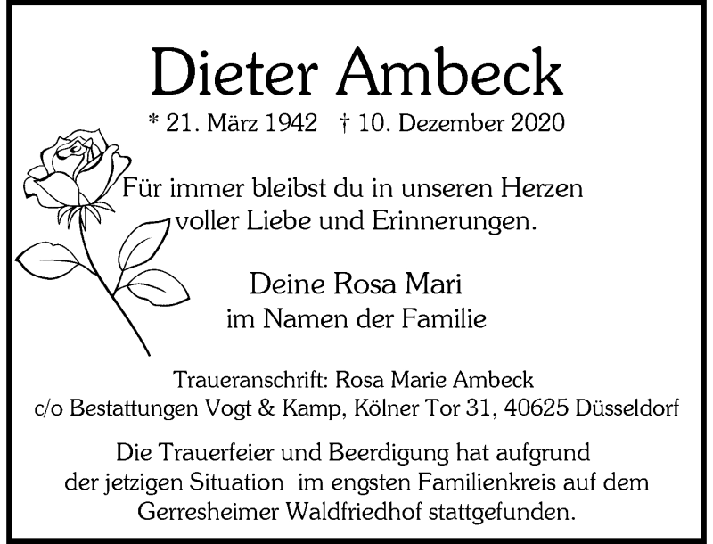  Traueranzeige für Dieter Ambeck vom 19.12.2020 aus Rheinische Post