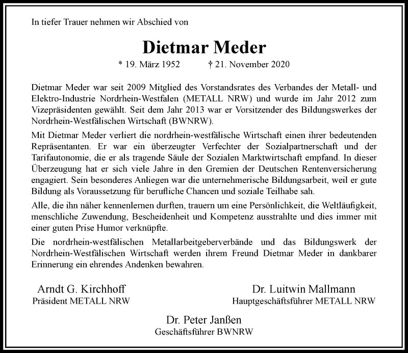  Traueranzeige für Dietmar Meder vom 05.12.2020 aus Rheinische Post