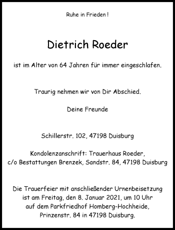 Traueranzeige von Dietrich Roeder von Rheinische Post