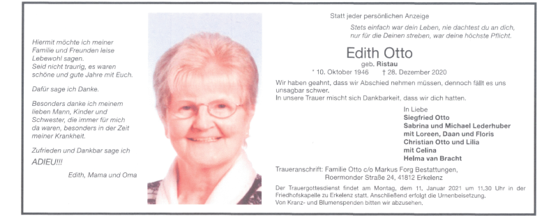  Traueranzeige für Edith Otto vom 02.01.2021 aus Rheinische Post