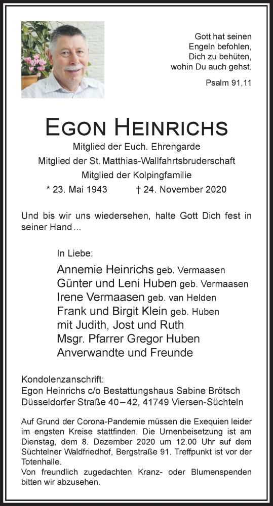  Traueranzeige für Egon Heinrichs vom 05.12.2020 aus Rheinische Post