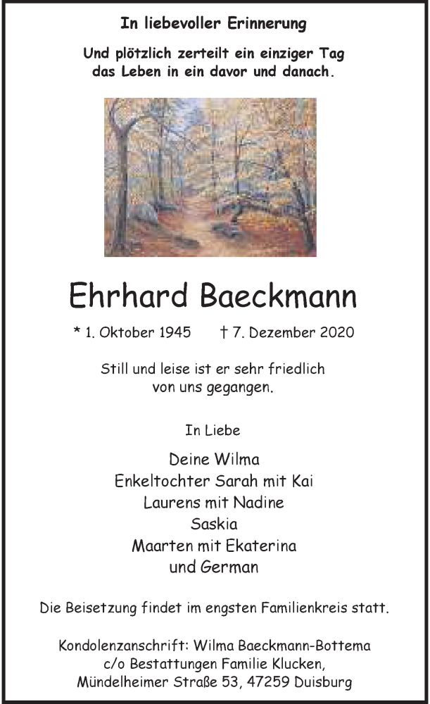  Traueranzeige für Ehrhard Baeckmann vom 19.12.2020 aus Rheinische Post