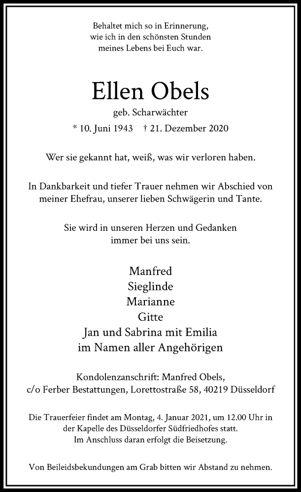  Traueranzeige für Ellen Obels vom 30.12.2020 aus Rheinische Post