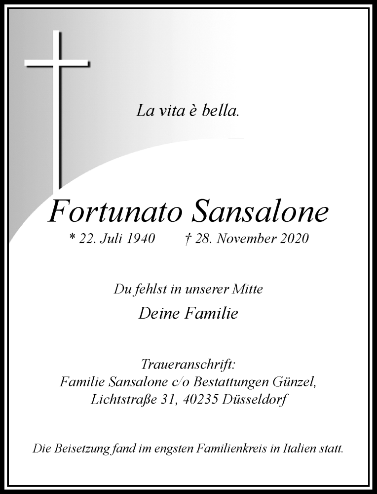  Traueranzeige für Fortunato Sansalone vom 05.12.2020 aus Rheinische Post