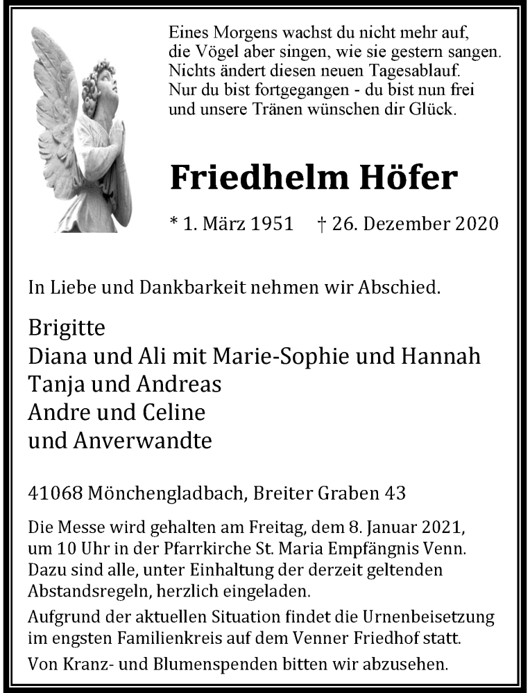  Traueranzeige für Friedhelm Höfer vom 02.01.2021 aus Rheinische Post