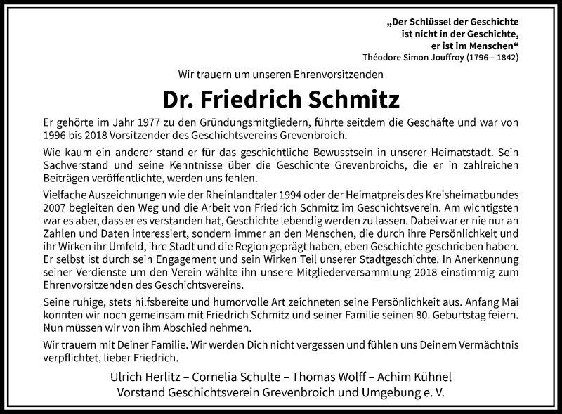  Traueranzeige für Friedrich Schmitz vom 24.12.2020 aus Rheinische Post