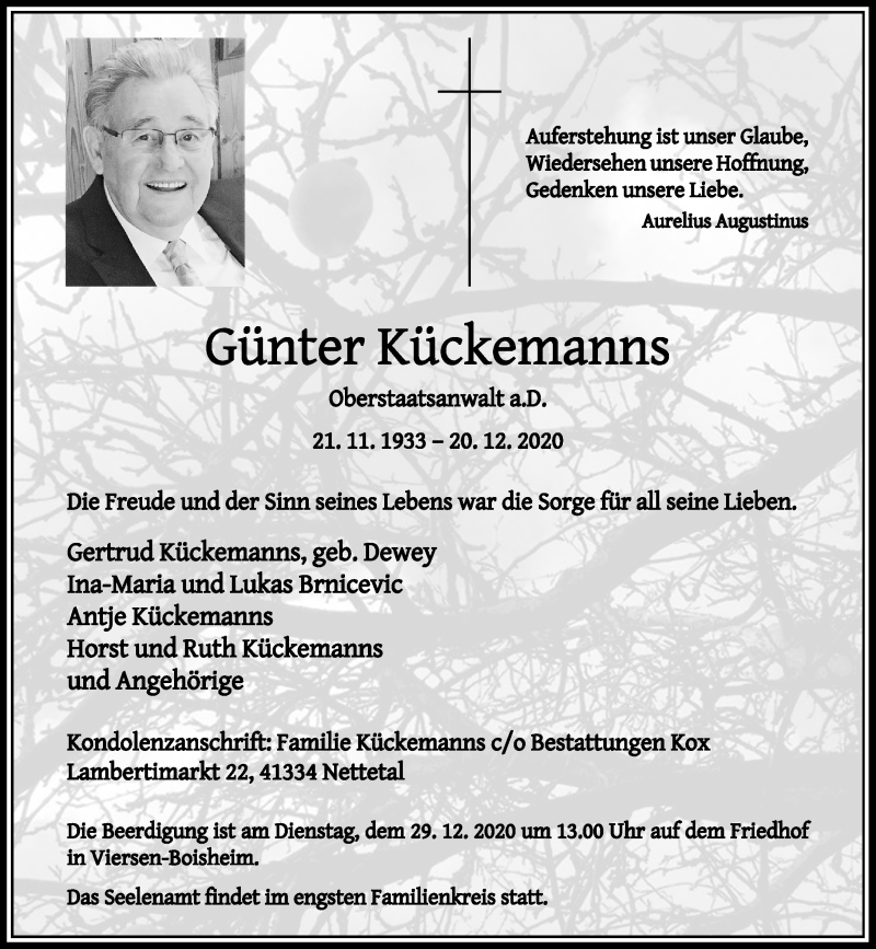  Traueranzeige für Günter Kückemanns vom 24.12.2020 aus Rheinische Post
