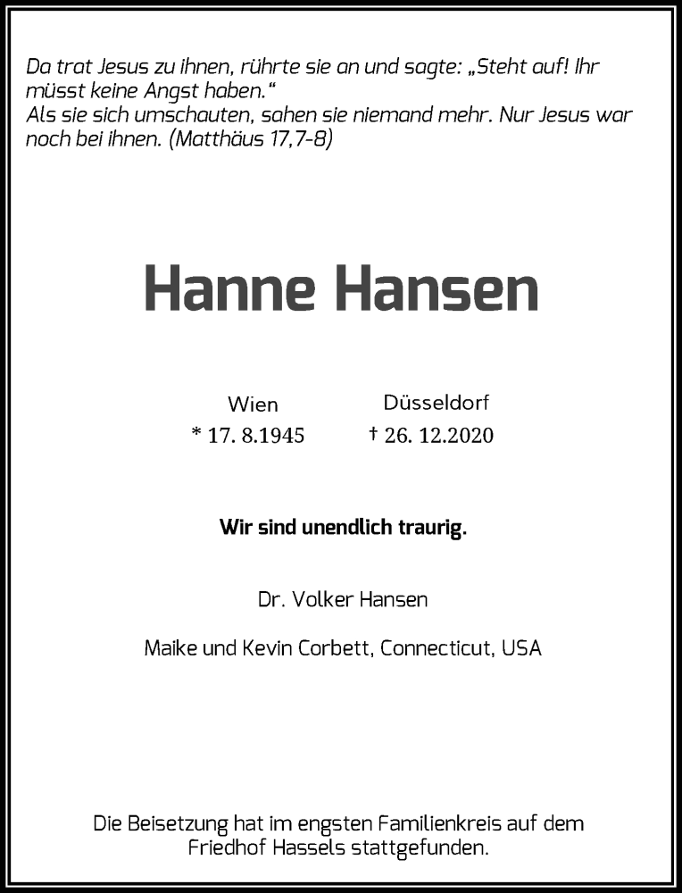  Traueranzeige für Hanne Hansen vom 05.01.2021 aus Rheinische Post