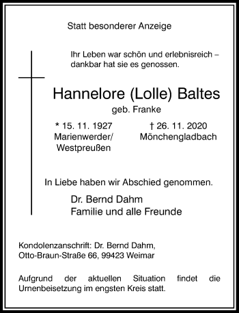 Traueranzeige von Hannelore Baltes von Rheinische Post
