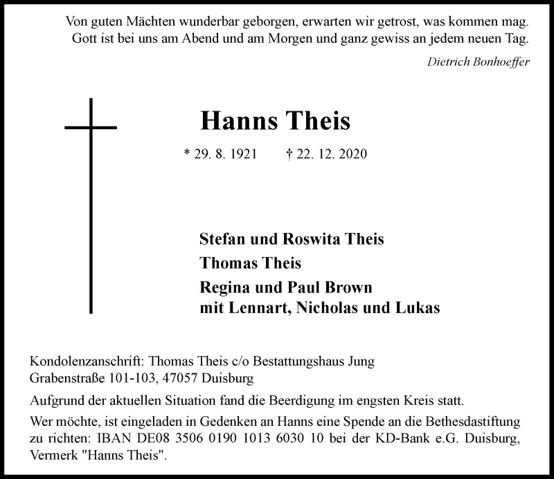  Traueranzeige für Hanns Theis vom 02.01.2021 aus Rheinische Post