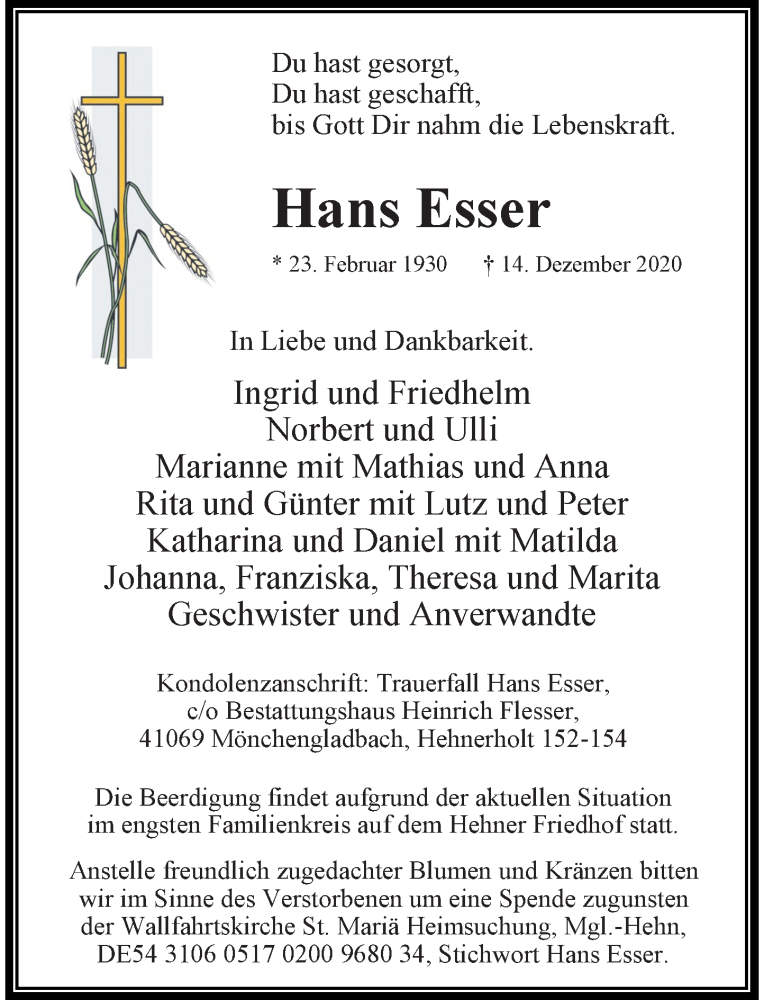 Alle Traueranzeigen für Hans Esser | trauer.rp-online.de