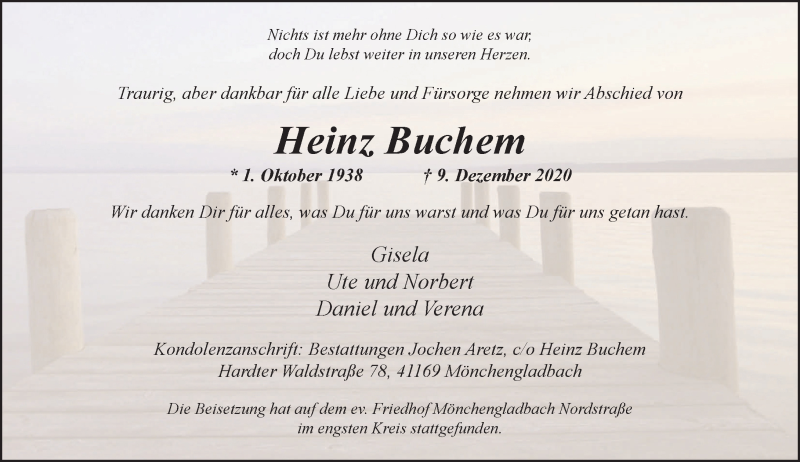  Traueranzeige für Heinz Buchem vom 19.12.2020 aus Rheinische Post