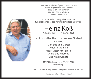 Traueranzeige von Heinz Koß von Rheinische Post