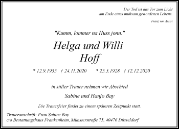 Traueranzeige von Helga und Willi Hoff von Rheinische Post