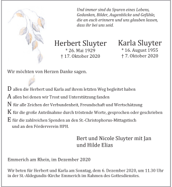 Traueranzeige von Herbert und Karla Sluyter von Rheinische Post