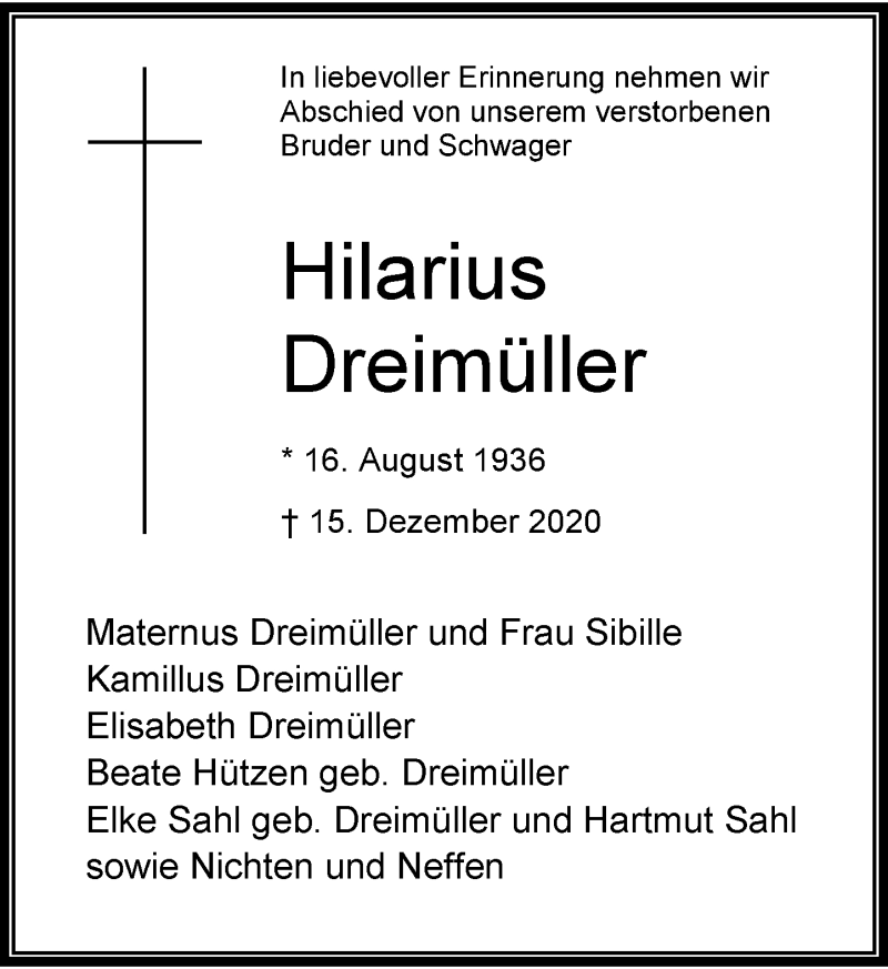  Traueranzeige für Hilarius Dreimüller vom 19.12.2020 aus Rheinische Post