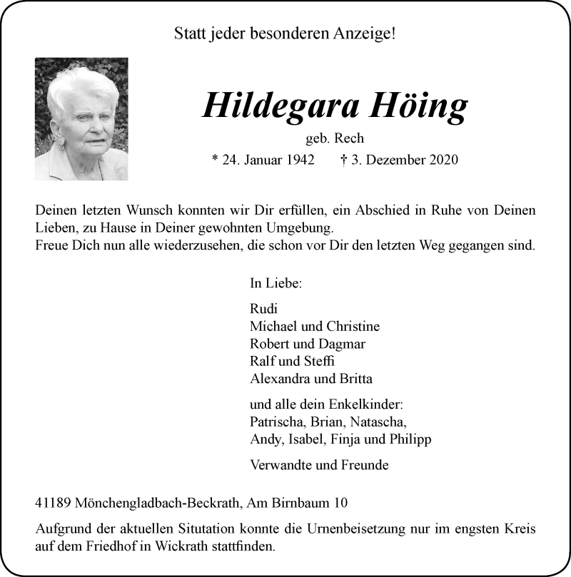  Traueranzeige für Hildegara Höing vom 19.12.2020 aus Rheinische Post