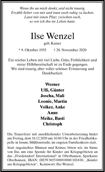 Traueranzeige von Ilse Wenzel von Rheinische Post