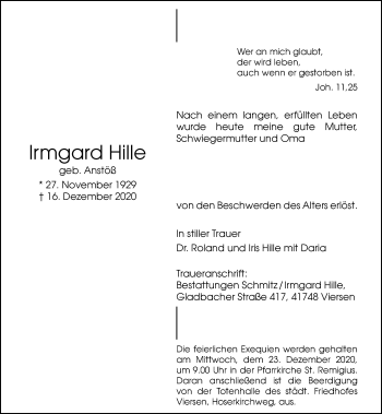 Traueranzeige von Irmgard Hille von Rheinische Post