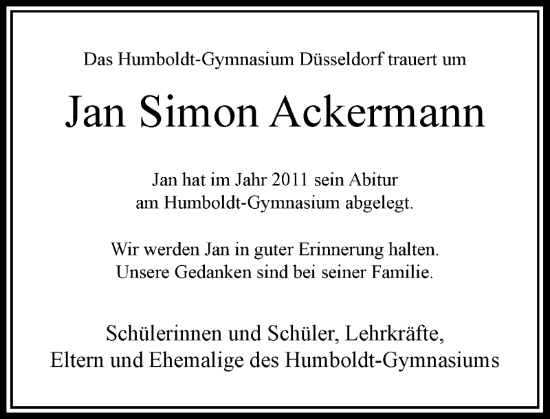  Traueranzeige für Jan Simon Ackermann vom 05.12.2020 aus Rheinische Post