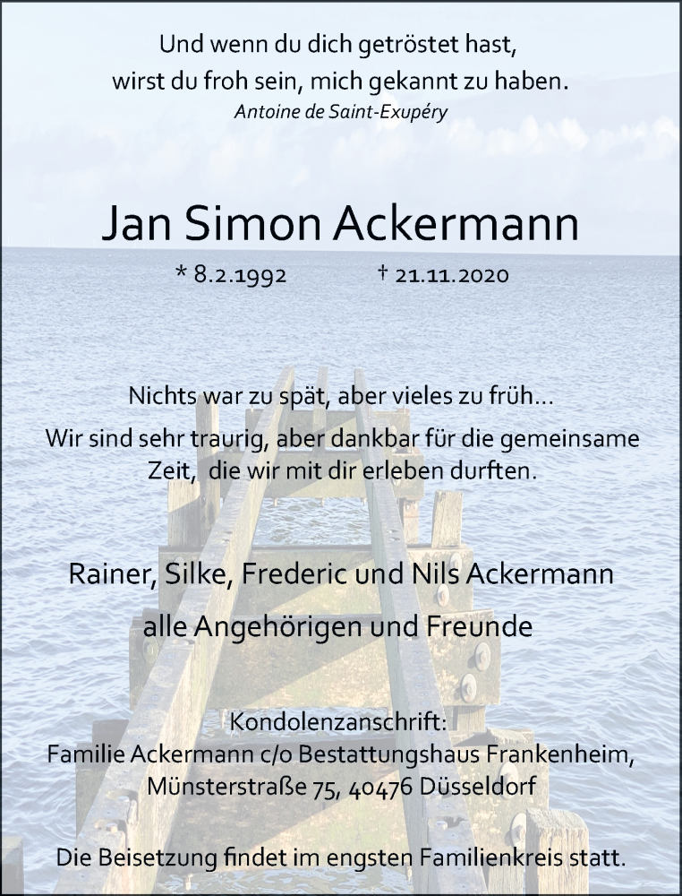  Traueranzeige für Jan Simon Ackermann vom 05.12.2020 aus Rheinische Post