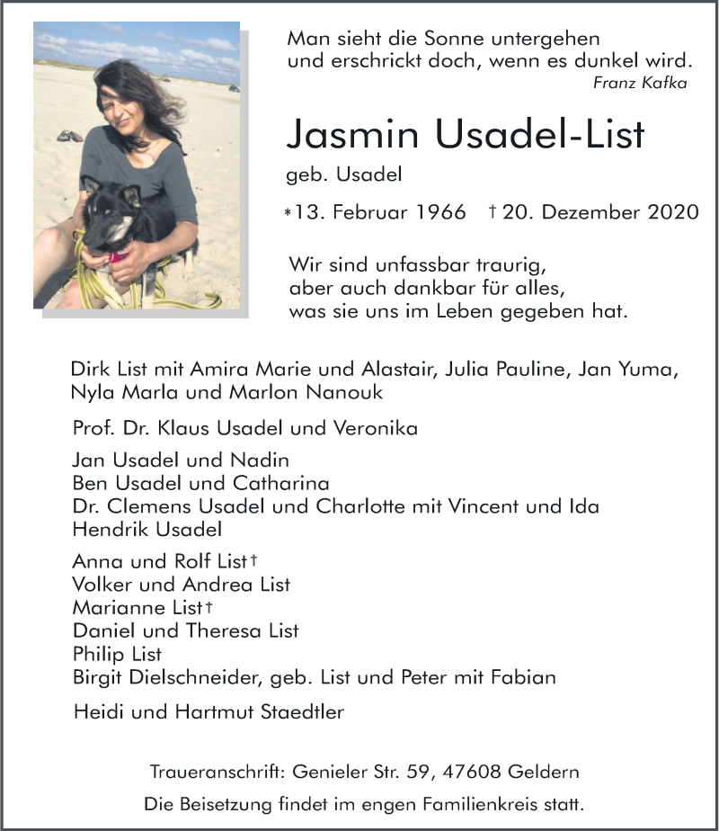  Traueranzeige für Jasmin Usadel-List vom 28.12.2020 aus Rheinische Post