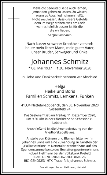 Traueranzeige von Johannes Schmitz von Rheinische Post