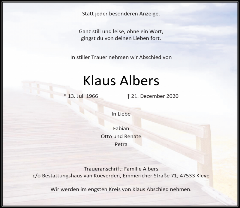  Traueranzeige für Klaus Albers vom 02.01.2021 aus Rheinische Post