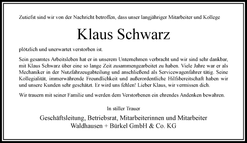  Traueranzeige für Klaus Schwarz vom 05.12.2020 aus Rheinische Post
