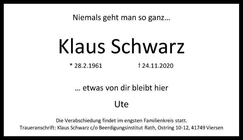  Traueranzeige für Klaus Schwarz vom 05.12.2020 aus Rheinische Post