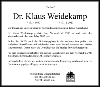 Traueranzeige von Klaus Weidekamp von Rheinische Post