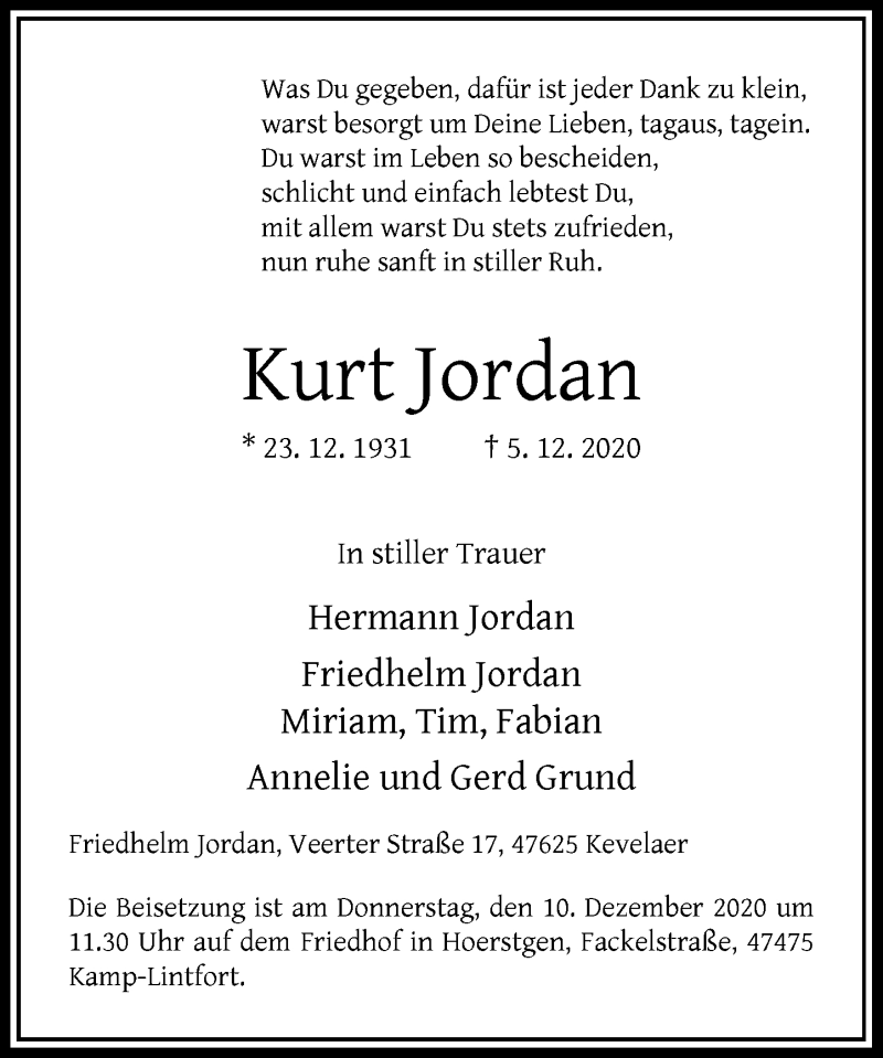  Traueranzeige für Kurt Jordan vom 09.12.2020 aus Rheinische Post