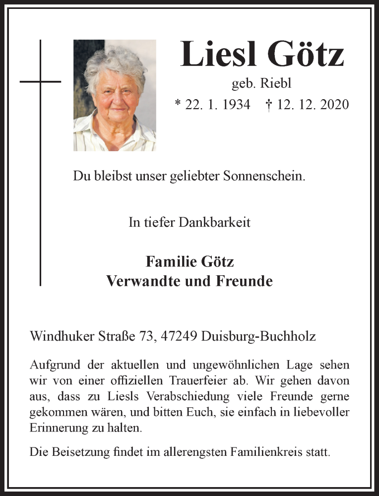  Traueranzeige für Liesl Götz vom 18.12.2020 aus Rheinische Post