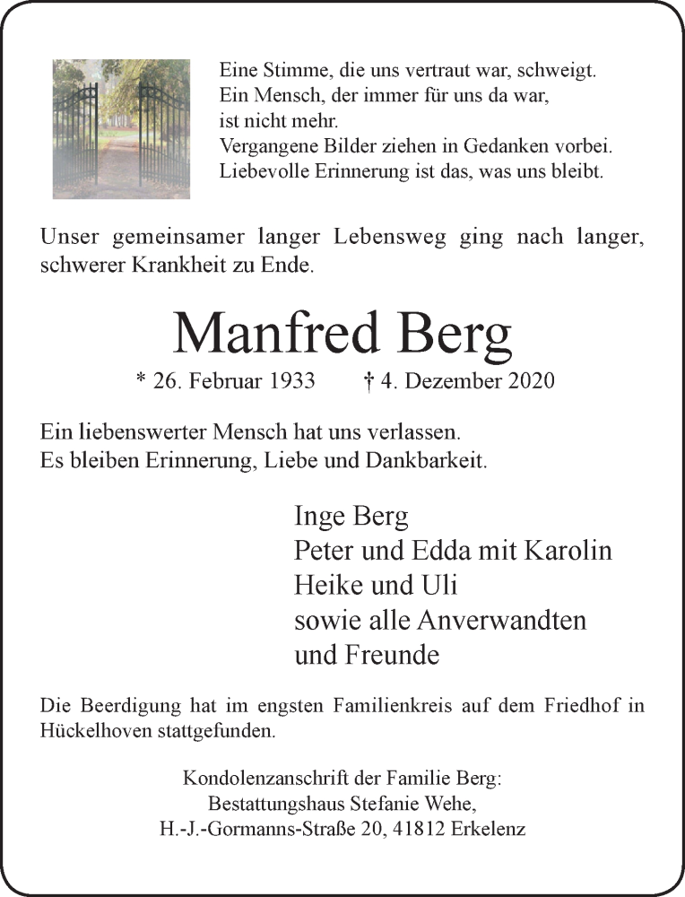  Traueranzeige für Manfred Berg vom 12.12.2020 aus Rheinische Post