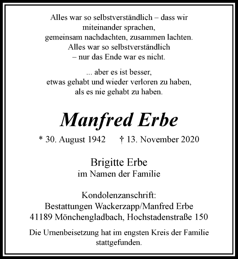  Traueranzeige für Manfred Erbe vom 05.12.2020 aus Rheinische Post