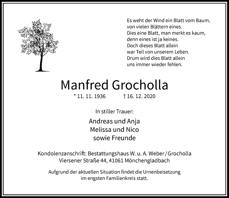  Traueranzeige für Manfred Grocholla vom 23.12.2020 aus Rheinische Post