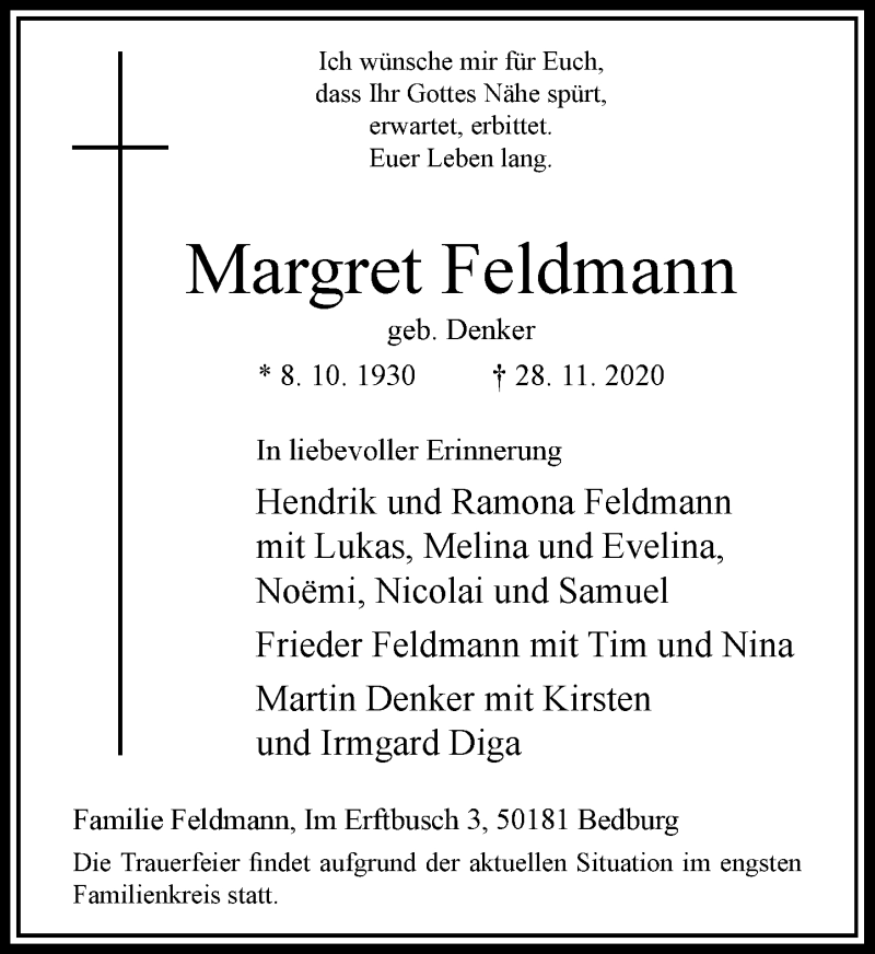  Traueranzeige für Margret Feldmann vom 02.12.2020 aus Rheinische Post