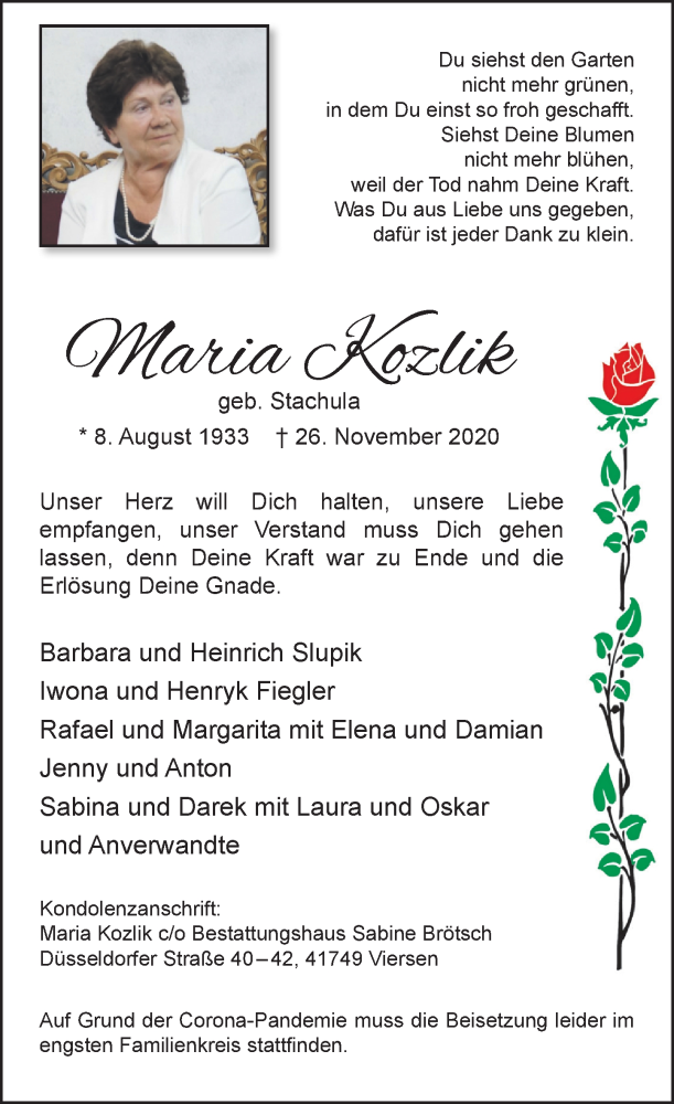  Traueranzeige für Maria Kozlik vom 05.12.2020 aus Rheinische Post