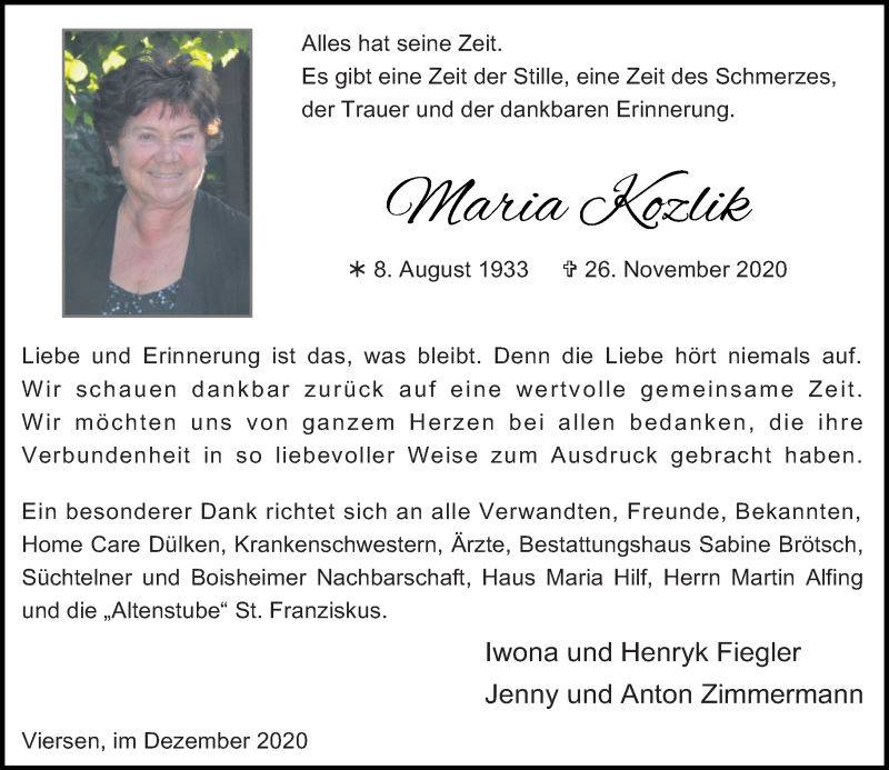  Traueranzeige für Maria Kozlik vom 19.12.2020 aus Rheinische Post