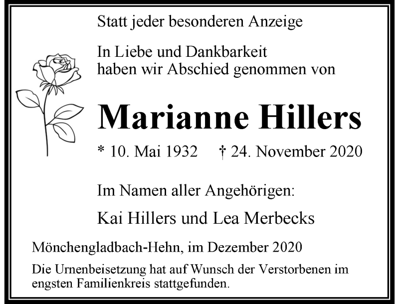  Traueranzeige für Marianne Hillers vom 05.12.2020 aus Rheinische Post