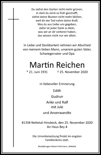 Traueranzeige von Martin Reichen von Rheinische Post
