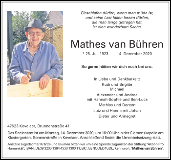 Traueranzeige von Mathes van Bühren von Rheinische Post