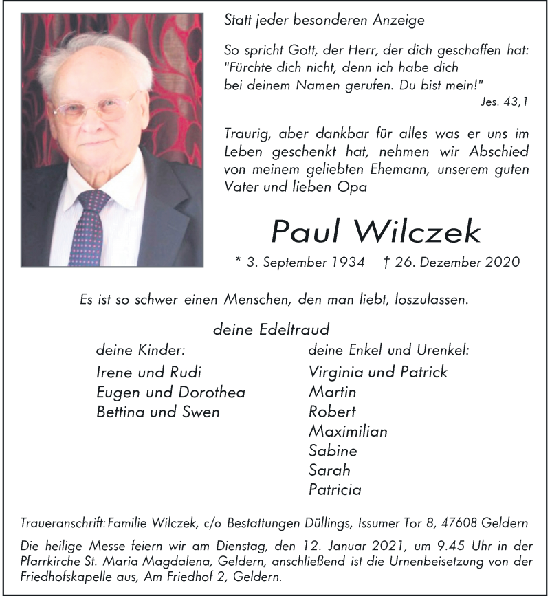  Traueranzeige für Paul Wilczek vom 02.01.2021 aus Rheinische Post