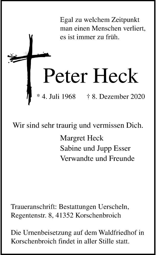  Traueranzeige für Peter Heck vom 24.12.2020 aus Rheinische Post