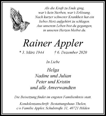 Traueranzeige von Rainer Appler von Rheinische Post