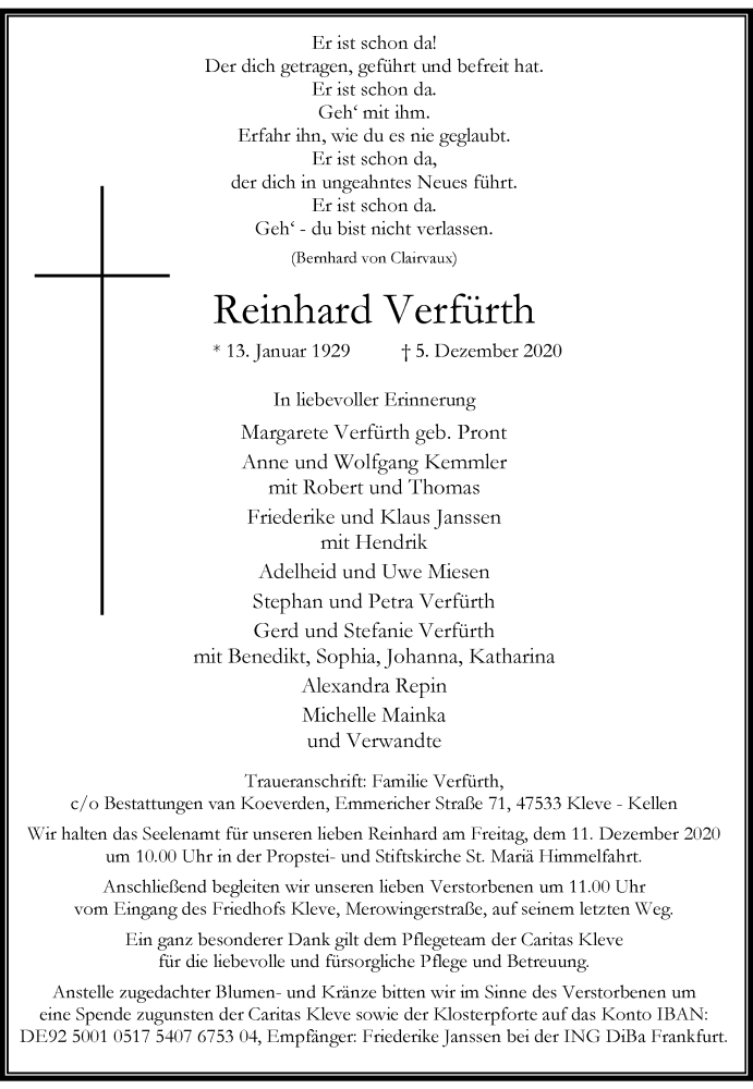  Traueranzeige für Reinhard Verfürth vom 09.12.2020 aus Rheinische Post