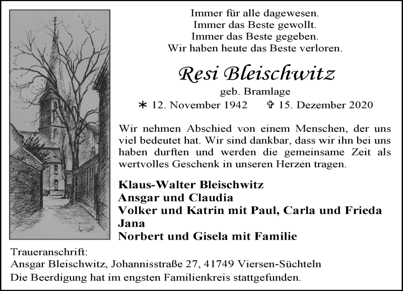  Traueranzeige für Resi Bleischwitz vom 23.12.2020 aus Rheinische Post