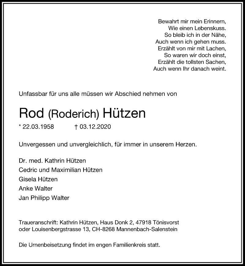  Traueranzeige für Rod Hützen vom 12.12.2020 aus Rheinische Post
